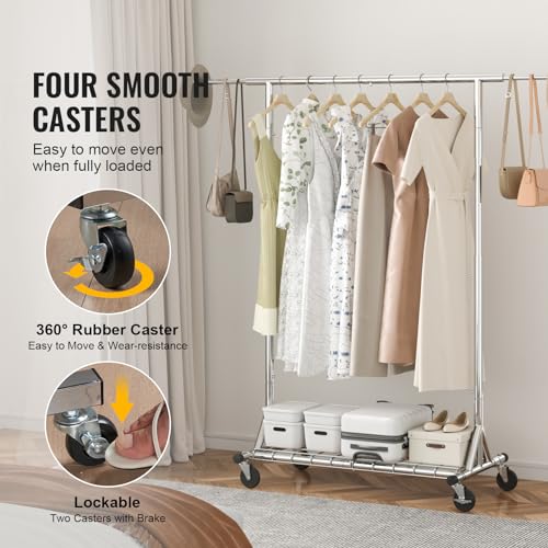 VEVOR Heavy Duty Clothes Rack with Wheels, Adjustable Height and Extendable Length, 450 lbs Capacity, Commercial Garment Organizer with Storage