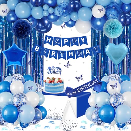 Blue Birthday Decorations with Happy Birthday Banner Latex Confetti Star Heart foil Balloons 3D Butterfly Fringe Curtain Tablecloth Sash Cake Topper Pom Poms for Men Party Supplies