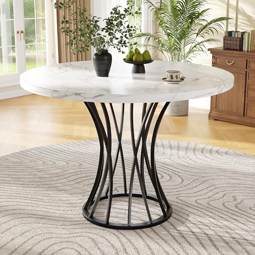 Merax Mesa de comedor redonda de 80 x 80 cm, patrón de mármol blanco, mesa de comedor para 2-4 personas, marco de metal, patas de mesa ajustables, diseño industrial, adecuada para restaurante, salón