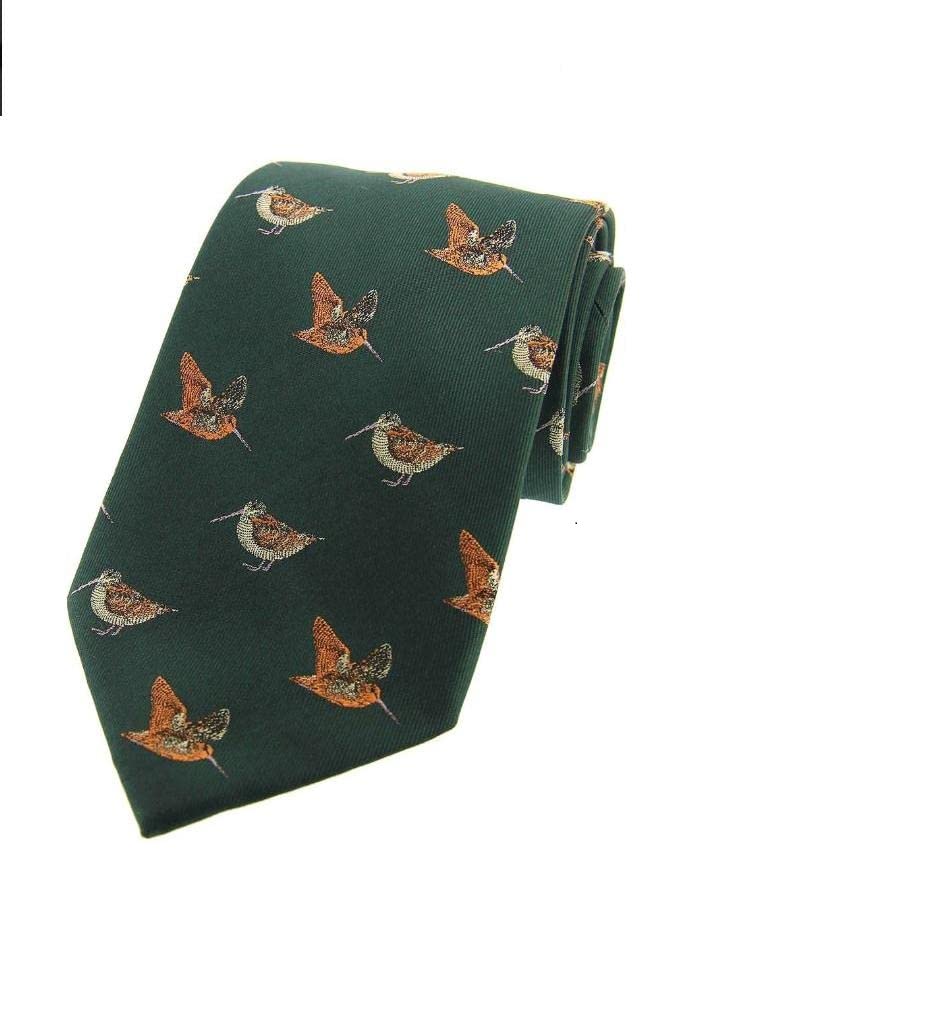 Soprano green woven Silk Tie with Flying and Standing Woodcock covering the tie