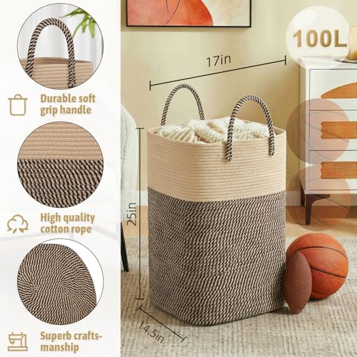 Image of Laundry Basket,Woven Cotton Rope Laundry Hamper,Versatile Storage for Dirty Clothes,Baby Toys,and Blankets in Bathroom, Nursery,and Living Room (Jute, 100L)