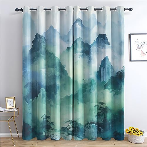 Rideau Occultant Forêt, Rideau Isolant Thermique pour Salon Chambre, Rideaux Motif Montagne, Rideau Opaque à Oeillets, Lot de 2 Rideaux et Draperies...