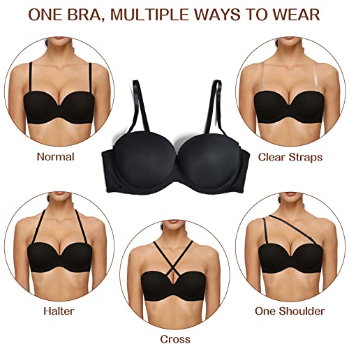 Yihi Women's Strapless Push Up Thick Padded Bra With Convertible Clear Straps Underwired Lift Up Supportive T-Shirt Bras Black 34B #TOP3