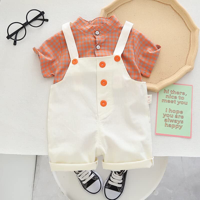 Image of Bold N Elegant Baby Boy Cotton Checkered Classy Check Shirt with Contrast Bibshorts Dungaree Party Dress