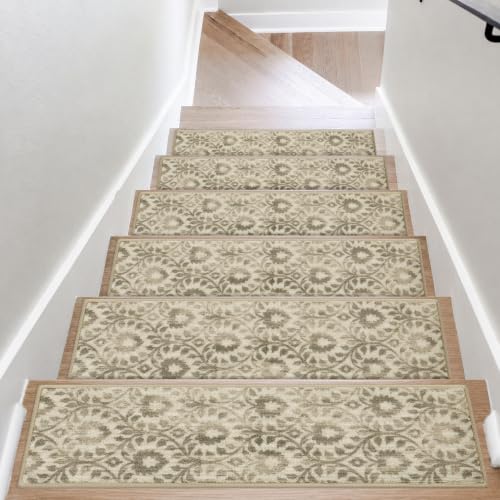 COSY HOMEER Stair Treads for Wooden Steps Indoor, Non-Slip Carpet Stair Runners with TPE Backing, Soft Peel & Stick Stair Treads for Kids, Elders, and Pets (15pc, Vine)