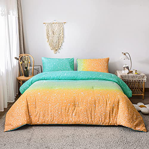 Holawakaka Kids Space Star Glitter Comforter Set Ombre Green & Orange Print Gradient Bedding Set Twin Size (Green Orange, Twin) #TOP1