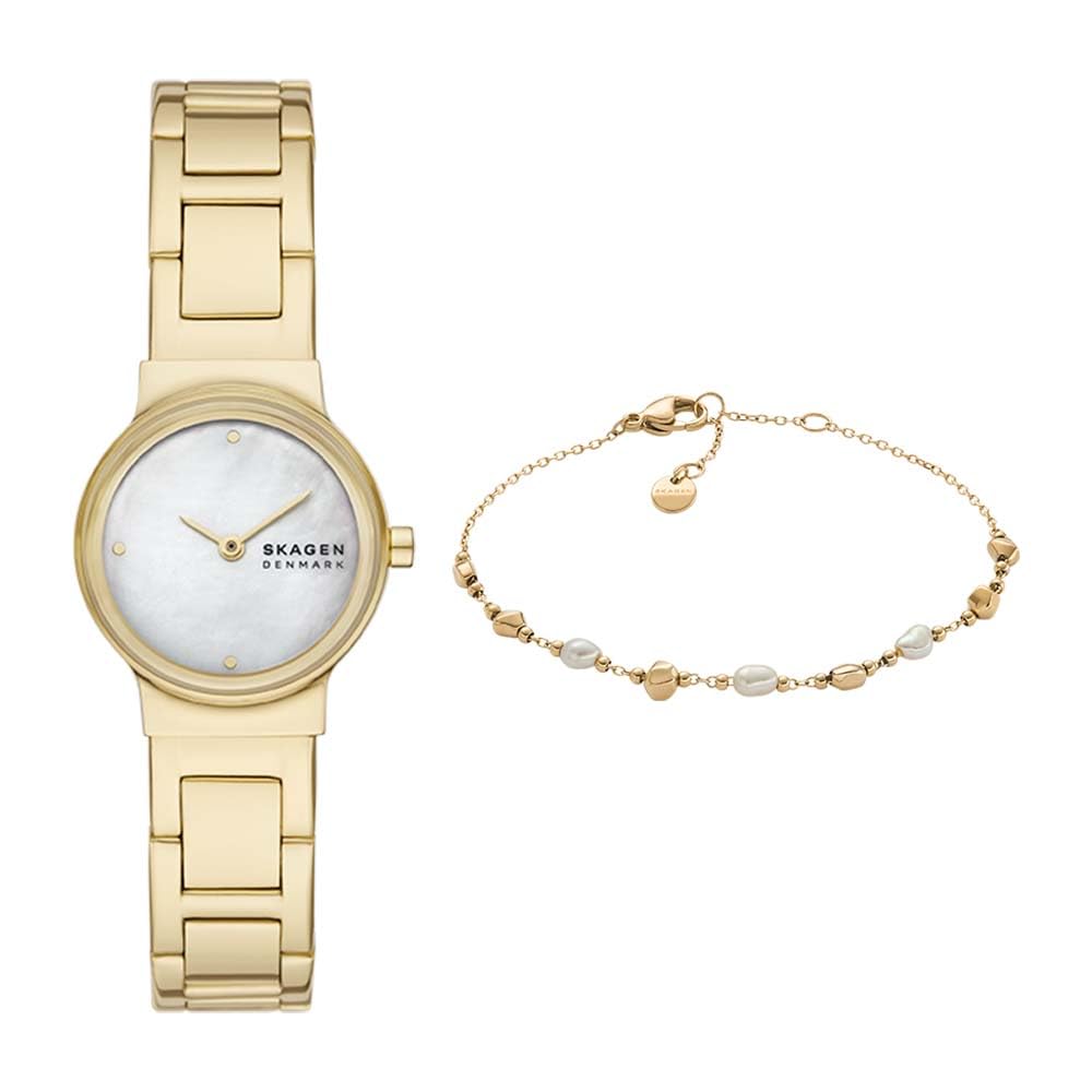 Skagen Damen Freja Lille Goldfarbener Edelstahl Uhr und Agnethe Perle Armband, Set