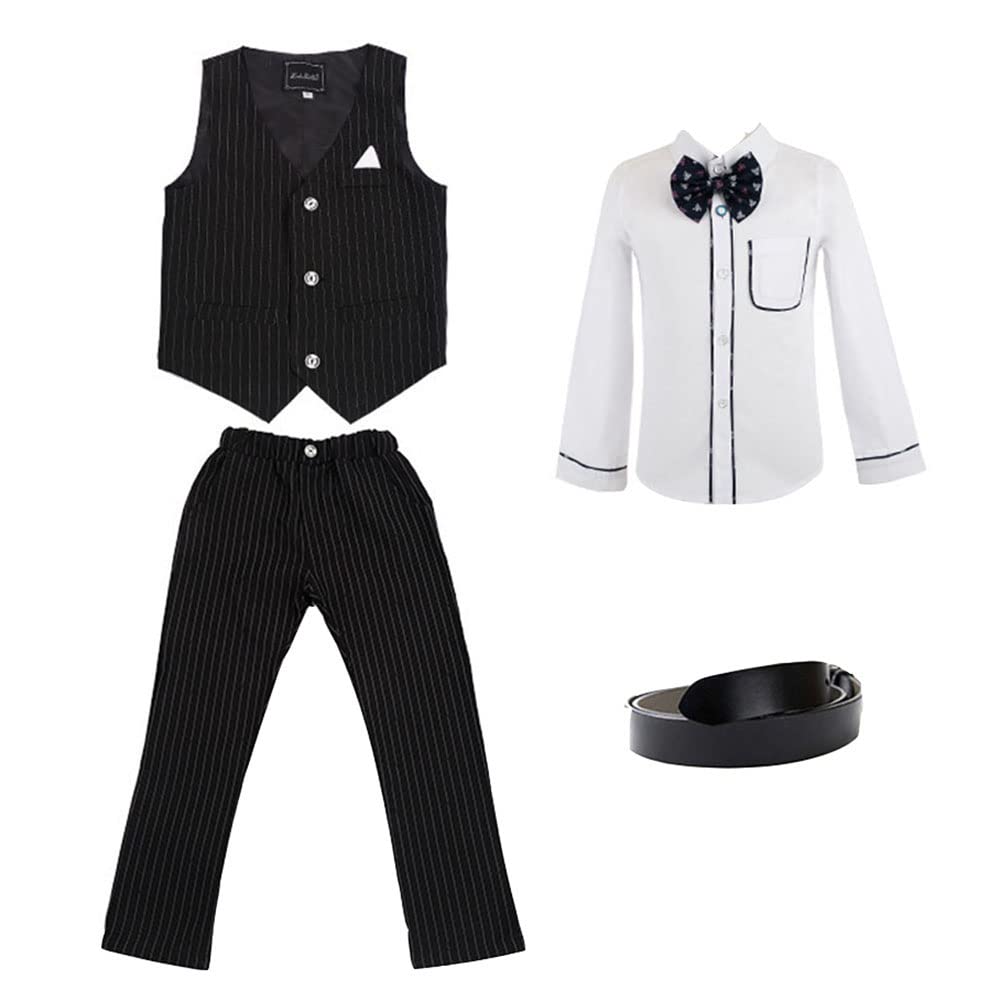 DAIHAN Ragazzi Abbigliamento Formale Vestito da Smoking a Righe con Gilet Maglia a Maniche Lunghe Cravatta a Farfalla Panciotto Pantaloni Abiti Slim Fit per la Festa di Compleanno di Matrimonio