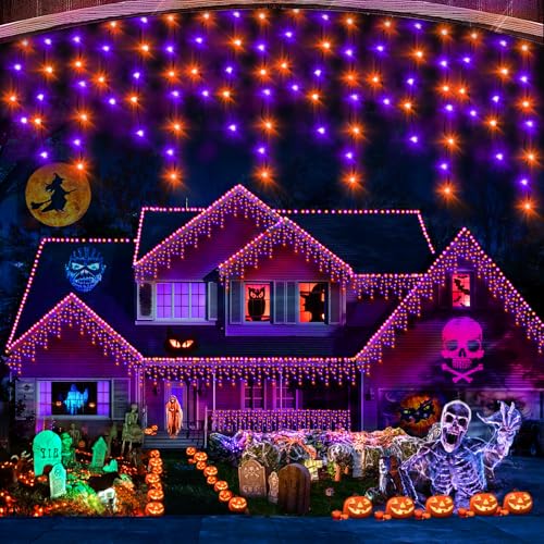 Hezbjiti 400LED Icicle Lights - 32.8FT Purple & Orange Fairy Lights for Eaves, Party, Yard & Garden - 8 Modes, 75 Drops, Outdoor Halloween Decor