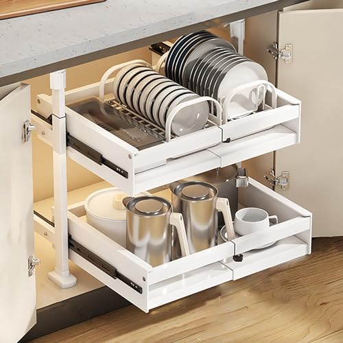 Tiroir de rangement coulissant pour armoire de cuisine – Installation sans perçage – Design peu encombrant pour un accès facile – Armoire blanche pour...