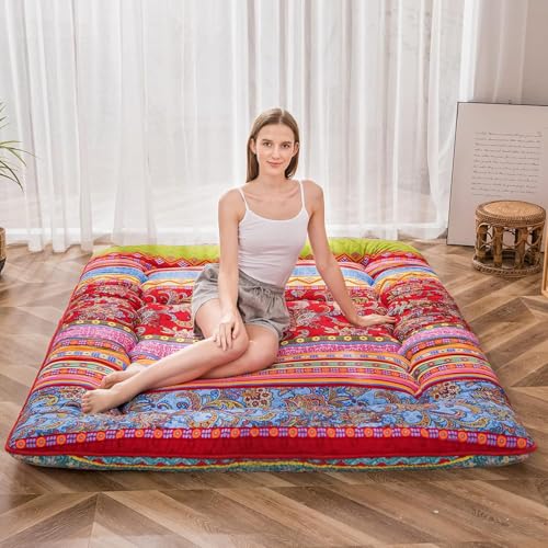 Image of MAXYOYO Bohemian Retro Floor Mattress Vintage Floral Japanese Futon Mattress Roll Up Thicken Sleeping Bed Portable Camping Mattress Floor Lounger Couch Bed Mattress Pad, Twin Size