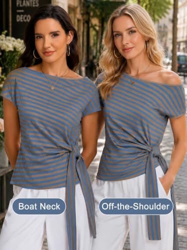 Image of HOTIAN Womens Cap Sleeve T Shirts 2026 Tie Waist Wrap Tops Crew Neck Blouses Dressy Casual Loose Work Business Dressy