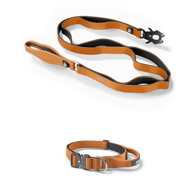 Bullyion ® Original Equipment Progressive Ladder Lead 1.4m & Tactical Dog Collar - Softcell Padding – Lockforce Fastening Buckles – Multiple Handles (WIDTH- 2.5 cm SIZE- XS-ONE SIZE, ORANGE MARMALADE)