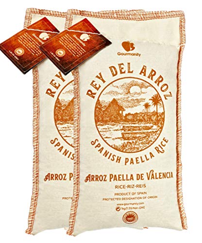 Gourmanity Spanish Paella Rice, Rey del Arroz Authentic Short Grain Valencia Rice from Spain, Great for Paella, Risotto, Seafood Dishes and Mediterranean dishes, Soy and Gluten Free, 2.2lb Pack of 2