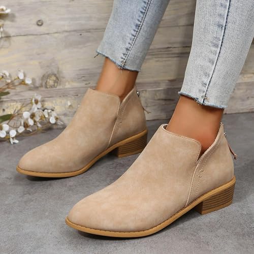 Ankle Boots For Women Casual Cut Out Slip On Low Heel Short Boots Chunky Stacked Womens V Cutout Pointed Toe Booties Zip Up Leather Deep Block High Heels Winter Fall Western Shoes4
