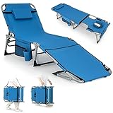 GIANTEX Klappbarer Bräunungsstuhl mit Gesichts- & Armlöchern, 5-Fach Verstellbarer Liegestuhl für den Außenbereich mit Kissen & Seitentasche, robuste Campingliege mit Schultergurt & Griff (Blau)