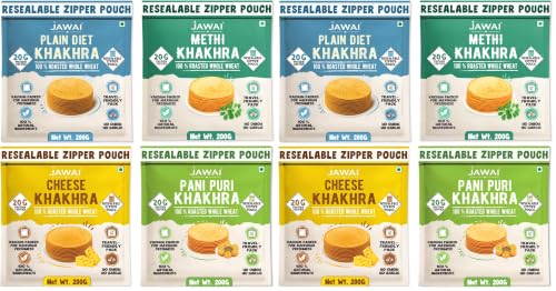 Image of JAWAI ROASTED WHOLE WHEAT KHAKRA COMBO- Plain Diet, Methi, Cheese, Pani Puri Khakhra Plant Based, Ready To Eat Healthy Snacks, Vaccum Packed Indian Snacks (Pack of 8, 200 gms each)