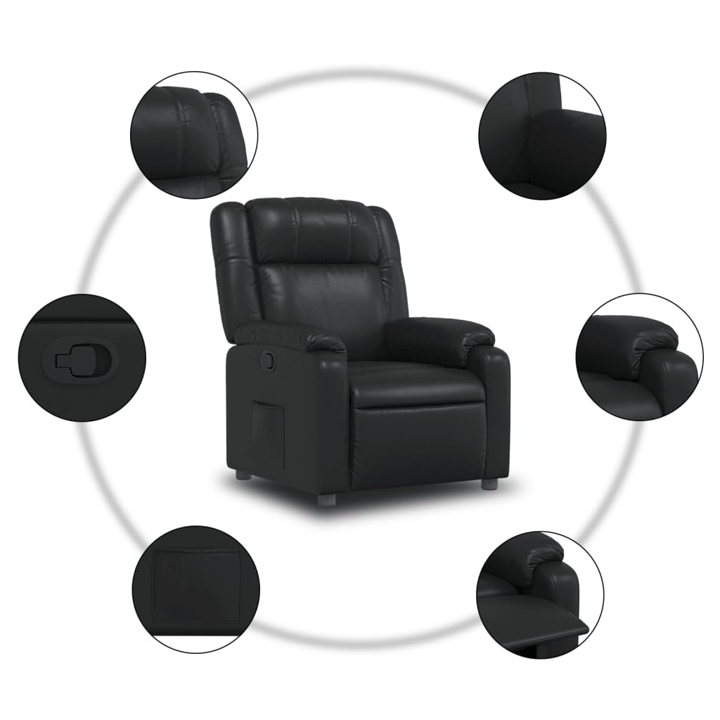 Fotel relaksacyjny, czarny, sztuczna skóra z ręczną funkcją leżenia, regulowane oparcie i podnóżek, stabilna rama drewniana, ergonomiczny, wygodny fotel do salonu, kącika do czytania i biura