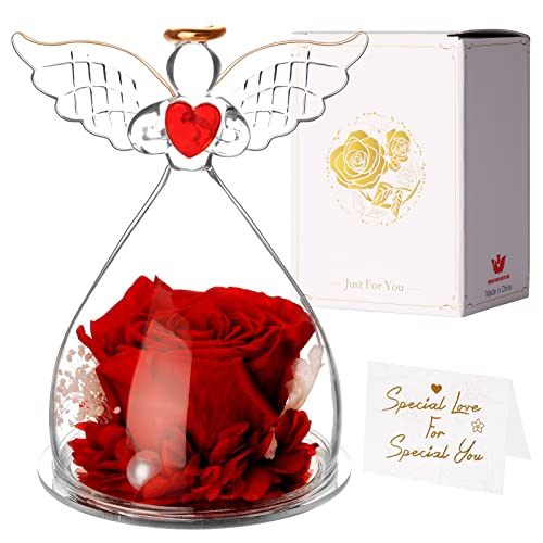 zelaby Rose Éternelle Angel, Cadeau Saint Valentin Femme, Rose Eternelle sous Cloche, Idee Original Cadeau pour Femme Maman, Anniversaire, Mariage, Cadeau Saint Valentin Cadeau Fete des Meres(Rouge) Cover