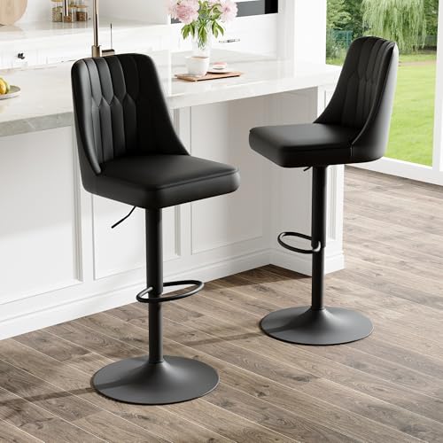 Image of Swivel Bar Stools Set of 2 - Black Barstools with Back,Adjustable Counter Height Bar Stools with Sturdy Metal Legs,Leather Counter Height Stools Ideal for Kitchen Island Pub(25''-33''H)