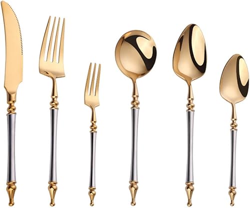 Miniatura 7 de Juego de cubiertos para 6 utensilios de acero inoxidable de 36 piezas, vajilla dorada de columna romana europea, tenedor y cuchillo de lujo, hotel,