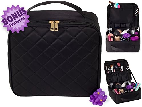 BRAND NEW Stylish Diamond Stitch Make-Up Train Case - Compactable & Adjustable -BONUS Storage Compartments EXTRA Zipper Pockets - Perfect Portable Organizer For Travel