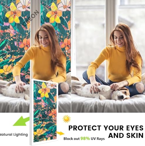 Image of CREON Frosted Privacy Window (24 X 250 Inch) Film with Flower Pattren & Stained Glass Design, Adhesive-Free for Home, Bathroom & Office