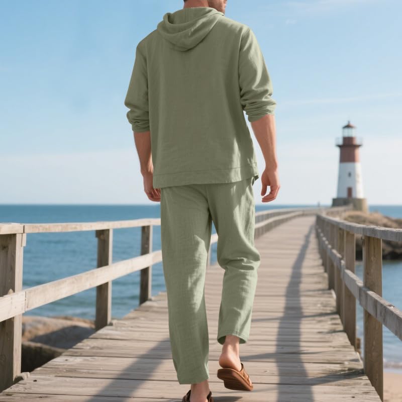 Men's loose linen hooded long pants two-piece set long sleeved shirt loose beach casual suit2