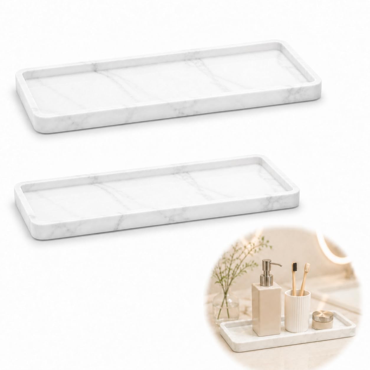 Silicone Bathroom Tray Organiser, White Marble Effect, 2-Pack, 30 x 12.6 cm
