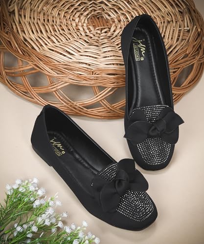 Image of JM LOOKS Crystal Studded Loafer Flats Featuring Elegant Double Layered Bow and Modern Square Toe