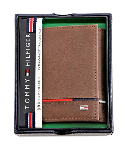 Tommy Hilfiger Men's Leather Leif RFID Trifold Wallet with Double ID, Brown2
