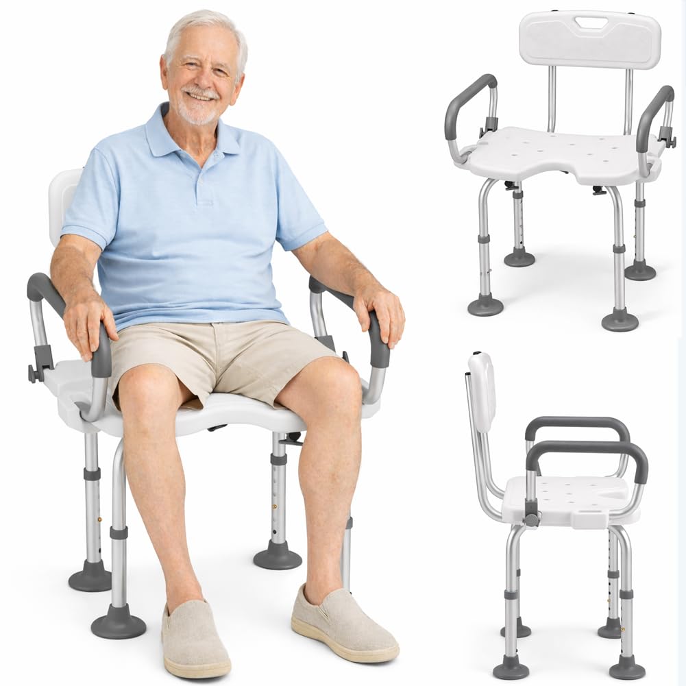 BAKAJI Sedia da Doccia per Anziani, Disabili e Persone con Mobilità Ridotta, Sedile in HDPE e Struttura in Alluminio Resistente, Sgabello da Bagno Altezza Regolabile 70-83cm e Piedi Antiscivolo