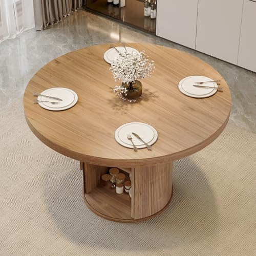 Image of HIPIHOM 43.3 inch Round Kitchen Table for 4-6 Modern Farmhouse with Storage Shelf, Waterproof Top for Small Space Dining, Office, Living Room (Walnut Color Table)