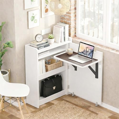 Image of Klaxon Foldable Study Table with Drawer & Storage Shelf | Compact Desk for Home & Students | Folding Design with Lockable Wheels. (Black, DIY Installation) (White, Heli)