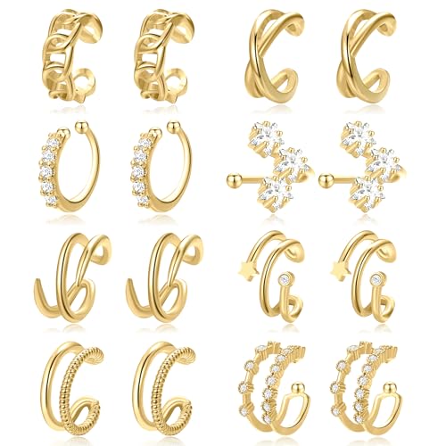 16 Pcs Fake Clip on Earrings for Women Non Piercing, Adjustable Fake Ear Cuffs Clip On Earrings Set for Gift