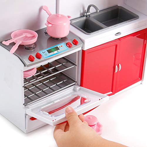 Liberty Imports Gourmet Red Doll Modern Kitchen Mini Toy Playset With Lights And Sounds, Perfect For 12 Inch Dolls #TOP2