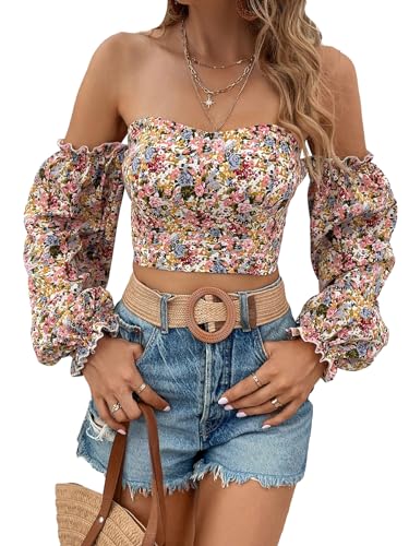 MakeMeChic Women's Off Shoulder Lantern Sleeve Crop Top Boho Ditsy Floral Blouse Shirt