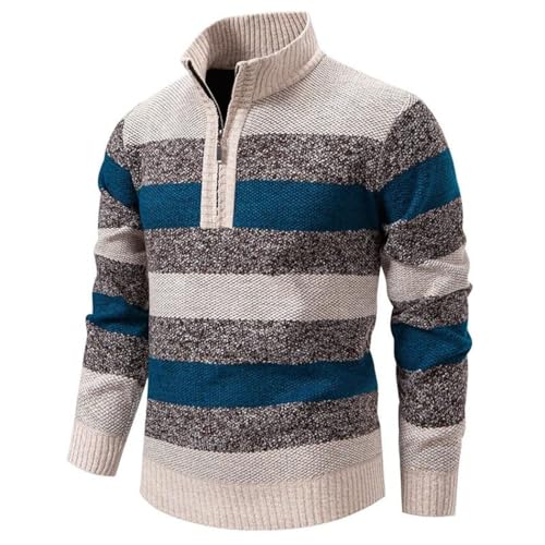 Men's Winter Knit Pullover - Patchwork Striped Fashion Stand Collar Thick Warm Knit Sweater2