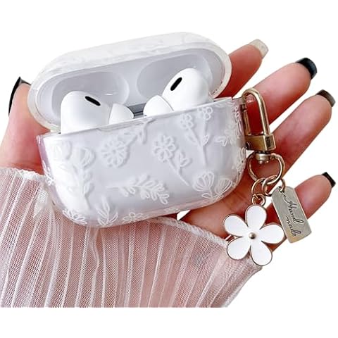 MINSCOSE Compatible with AirPods Pro 2 Clear Case,Cute Flower Floral Aesthetic Design with Flowers Keychain, Soft TPU Protective Shockproof Case for Women Girl for Airpod Pro 2-White Cover