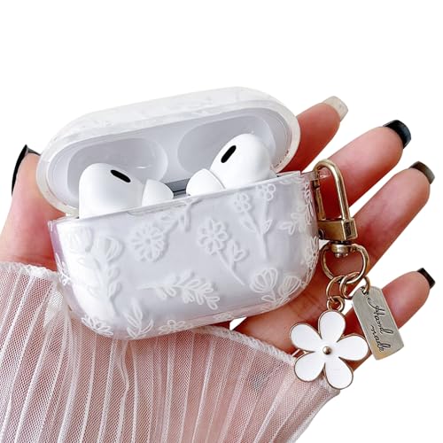 Image of MINSCOSE for with AirPods Pro 2 Clear Case,Cute Flower Floral Aesthetic Design with Flowers Keychain, Soft TPU Protective Shockproof Case for Women Girl for Airpod Pro 2-White
