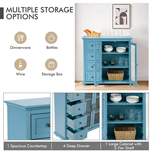 Costway Buffet Sideboard Storage Cabinet, Console Table With 4 Drawers, 2-Glass Door, For Kitchen Dining Room, Entryway, Kitchen Pantry, Buffet Server (Blue) #TOP3