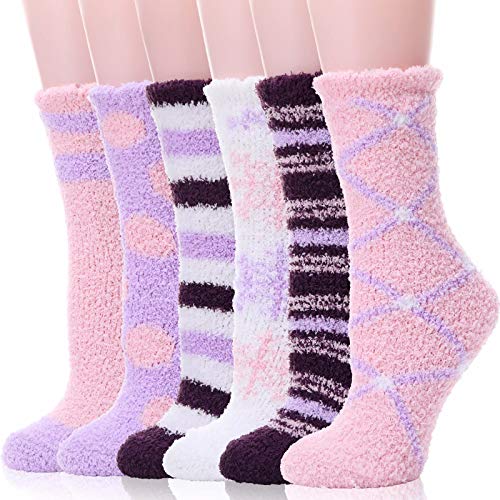Womens Girls Fuzzy Slipper Socks Soft Fluffy Cabin Fleece Warm Plush Cozy Winter Sleep Stocking Stuffers Adult Christmas Socks?Pink & Purple?6 Pairs)?