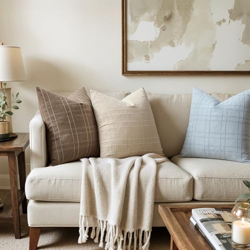 Image of MIULEE Decorative Linen Check Throw Pillow Covers Neutral Farmhouse Vintage Pillow Covers 18x18 Set of 2 Boho Modern Home Decor for Sofa Couch Bedroom Cushion Coastal Blue