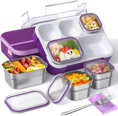 SHIPEASE Bento Style Lunch Box for Adult Kids Portable Snacks Box with Bag Stainless Steel 5 Compartments Sealed Leakproof Containers for Office, School Use (Multicolor)