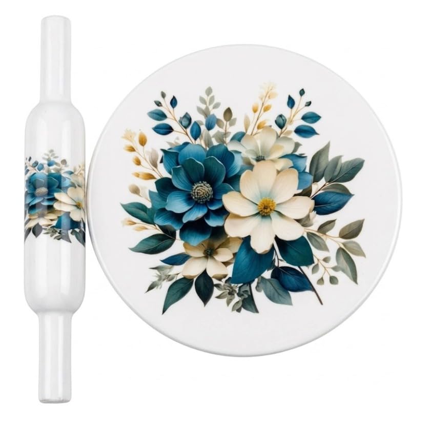 Image of Modern Floral Design Marble Chakla Wooden Belan | Printed 10 Inch Enamel Roti Maker with Belan | Heavy Duty Non-Slip Chakla for Roti, Chapati, Paratha |Kitchen Rolling Board (1 Set) (6.Blue Rose)