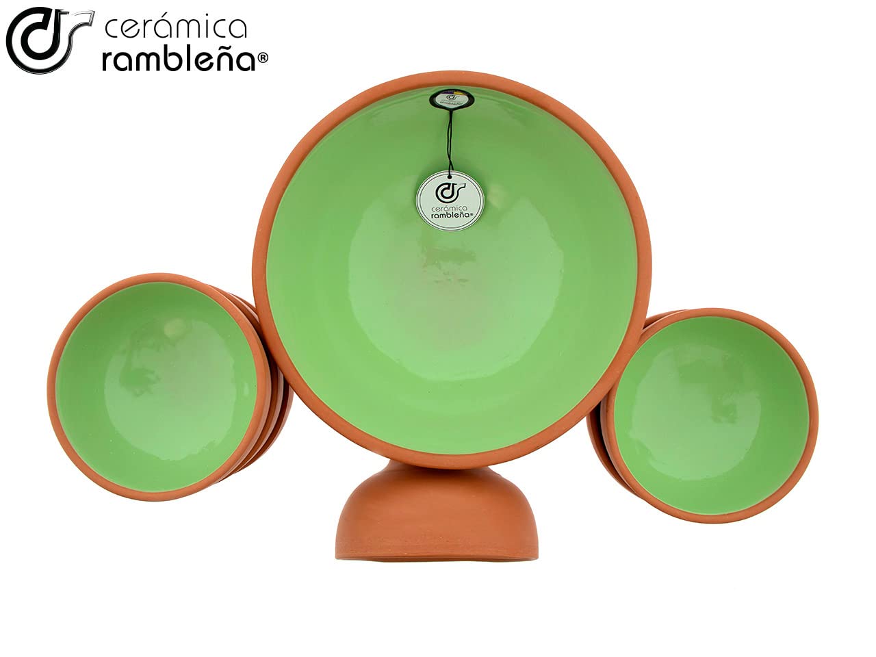 CERÁMICA RAMBLEÑA | Cuenco gazpacho | Gazpacho Andaluz | Gazpacho Manchego | Cuencos cocina | Conjunto Bol Ensaladera rústico - Verde - Modelo 22 | 25x25x12cm + x6 cuencos 14x14x7cm