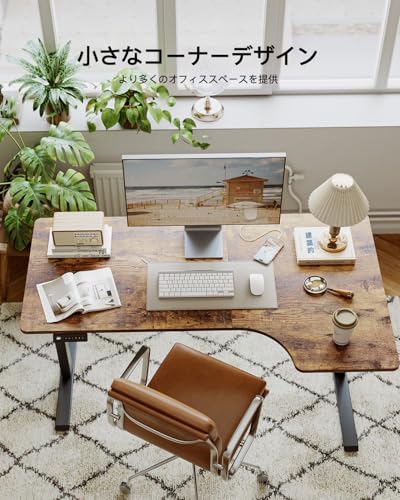 FEZIBO 電動 昇降デスク L字 幅140cm 昇降式デスク ゲーミングデスク スタンディングデスク 高さメモリー機能 上下昇降 静音 収納フック付き 衝突検知 机 作業机 テレワーク ブラウン天板/ブラックフレーム【幅140 x 奥行き60 x 高さ48-72cm】