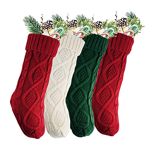 EURhine Lot de 4 chaussettes de Noël en tricot de grande taille standard 45,7 cm pour fête de famille Vert/blanc/rouge Cover