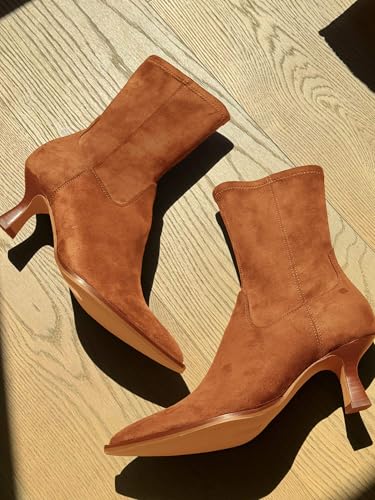 Coutgo Womens Pointed Toe Ankle Boots Stacked Kitten Low Heel Side Zipper Fall Booties Shoes2