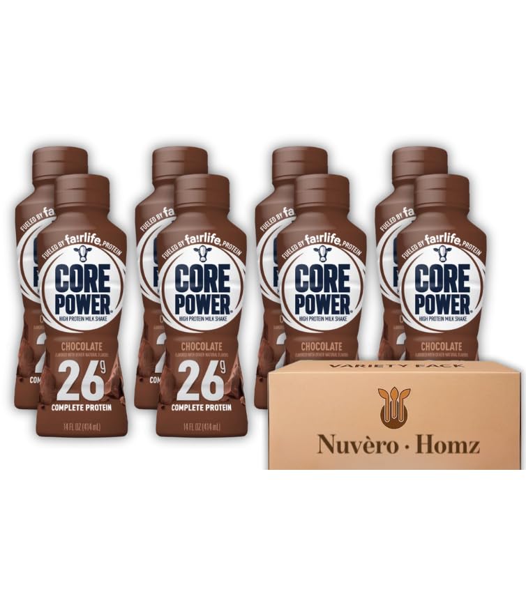 Core Power Chocolate 26g High Protein Shake – Lactose-Free Ready-to-Drink Milk Shake – 14 fl oz Bottles, 8-Pack – Custom Flavor Assortment Exclusively Packaged by Nuvèro Homz